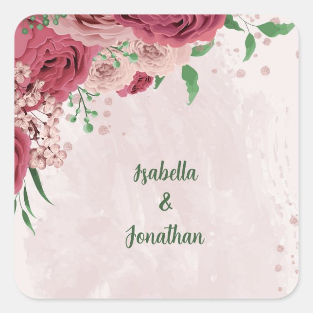Pegatina Cuadrada flores rosadas hojas verdes boda (Anverso)