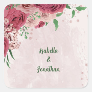 Pegatina Cuadrada flores rosadas hojas verdes boda