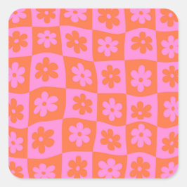 Pegatina Cuadrada Flores rosadas y naranjas retro deformadas a cuadr