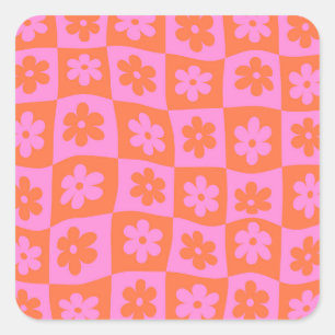 Pegatina Cuadrada Flores rosadas y naranjas retro deformadas a cuadr