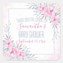Pegatina Cuadrada Flores rosas acuarela Baby Shower Gracias
