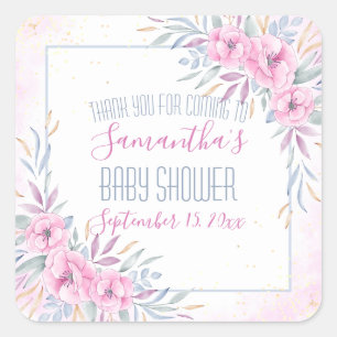 Pegatina Cuadrada Flores rosas acuarela Baby Shower Gracias