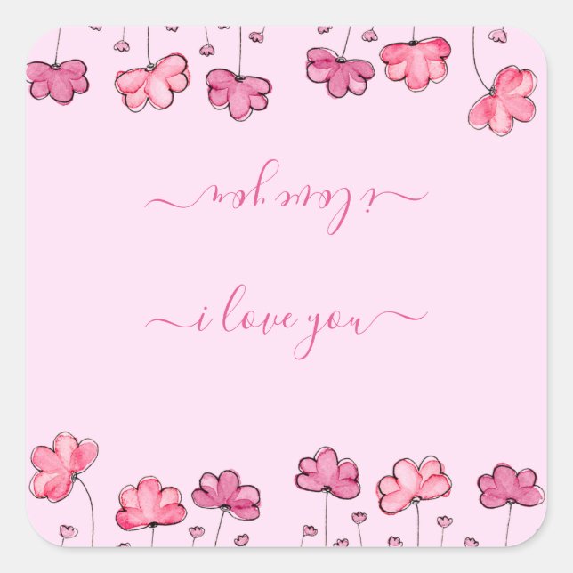 Pegatina Cuadrada Flores rosas modernas, te amo (Anverso)