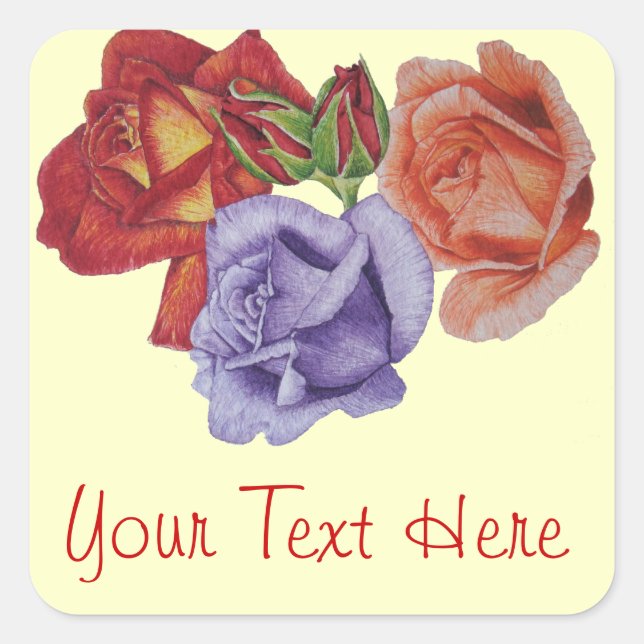 Pegatina Cuadrada flores rosas rojas y brotes rosas de arte floral (Anverso)