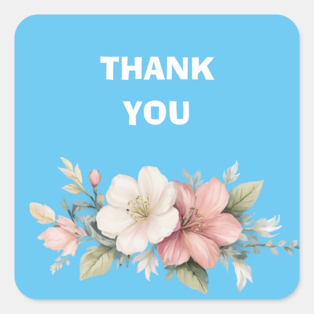 Pegatina Cuadrada flores rosas y blancas gracias boda (Anverso)