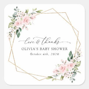 Pegatina Cuadrada Flores Rubor, flores rosadas, Boho, Baby Shower