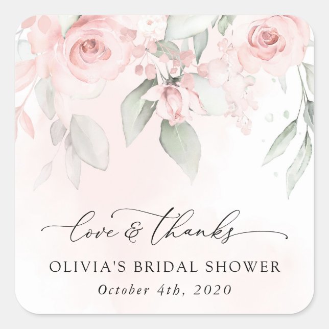Pegatina Cuadrada Flores Rubor, flores rosas, boho, ducha de novias (Anverso)