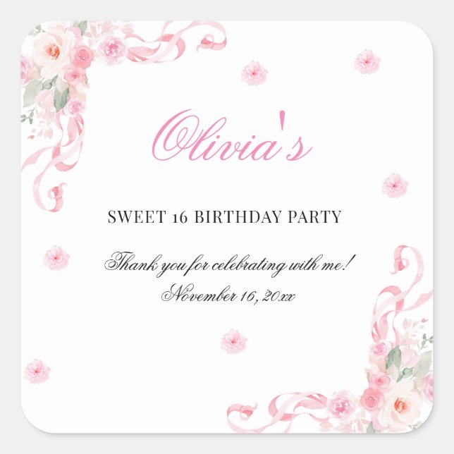 Pegatina Cuadrada Flores Rubor rosadas de vaca dulce dieciséis cumpl (Anverso)
