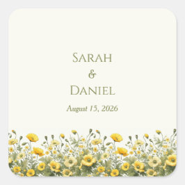 Pegatina Cuadrada Flores salvajes amarillas Boho, nombres personaliz