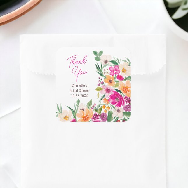 Pegatina Cuadrada Flores salvajes brillantes guión de flores de novi (Bright bold wild flowers script bridal shower square sticker)