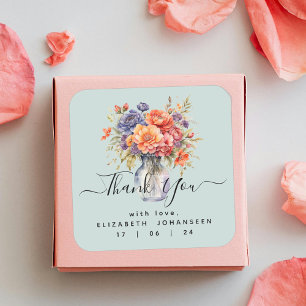 Pegatina Cuadrada Flores Silvestres Acuarela Rústica Tarro de Mason 