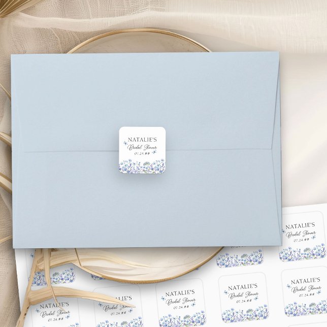 Pegatina Cuadrada Flores Silvestres Azules Ducha Floral Delicada (Floral stickers from my Blue Wildflower Bridal Shower Collection)