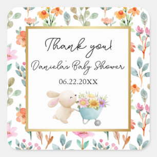 Pegatina Cuadrada Flores Silvestres de Conejito Adorable Baby Shower