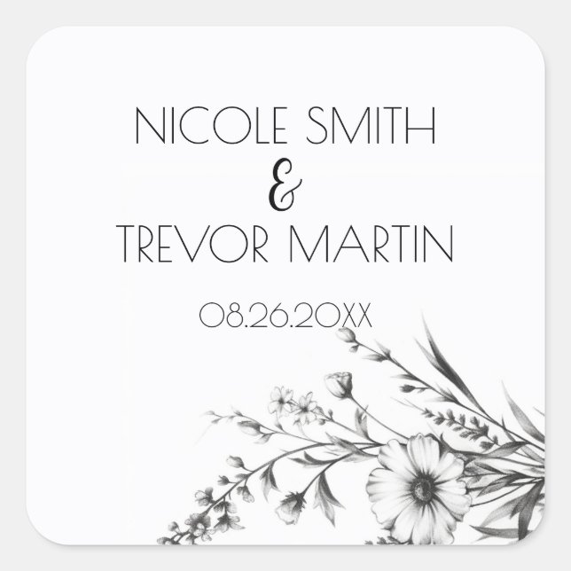 Pegatina Cuadrada Flores Silvestres Negras y Blancas Audaces (Anverso)