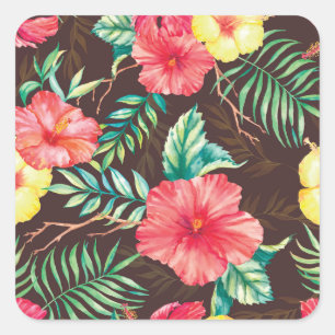 Pegatina Cuadrada Flores tropicales coloridas fondo oscuro