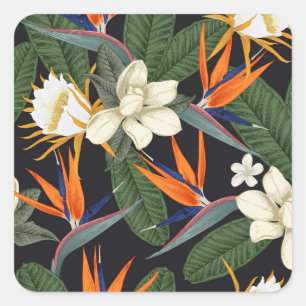 Pegatina Cuadrada Flores tropicales, fondo oscuro, sin costura flora