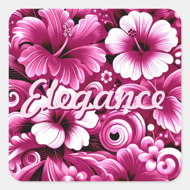 Pegatina Cuadrada Flores tropicales hawaianas Hibiscus Pink White (Anverso)