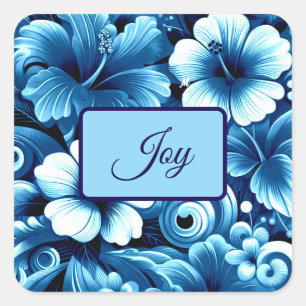 Pegatina Cuadrada Flores tropicales hawaianas Patrón azul Hibiscus