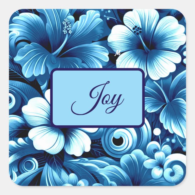Pegatina Cuadrada Flores tropicales hawaianas Patrón azul Hibiscus (Anverso)