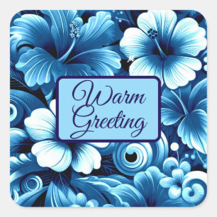 Pegatina Cuadrada Flores tropicales hawaianas Patrón azul Hibiscus