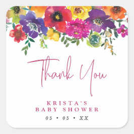 Pegatina Cuadrada Flores vibrantes Baby Shower Gracias