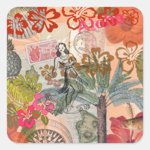 Pegatina Cuadrada Flores Vintage Hula Coloridas Hawaianas Tropicales