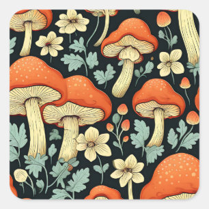 Pegatina Cuadrada Flores vintage retro hongos