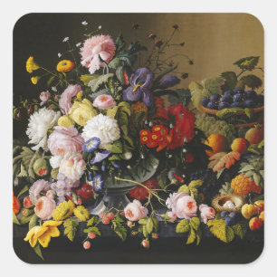 Pegatina Cuadrada Flores y frutas antiguas de vida