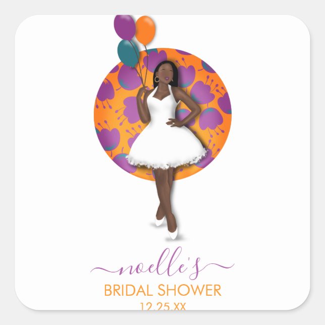 Pegatina Cuadrada Flores y globos de ducha de novia para una mujer n (Anverso)