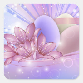 Pegatina Cuadrada Flores y huevos en un colorido fondo pastel