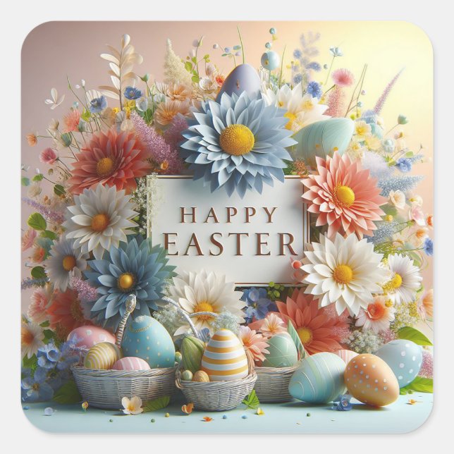 Pegatina Cuadrada Flores y huevos Pascua (Anverso)