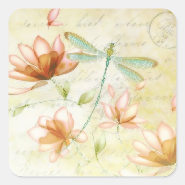 Pegatina Cuadrada Flores y libélula (Anverso)