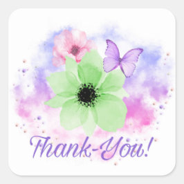 Pegatina Cuadrada Flores y mariposa brillantes, fondo acuarela