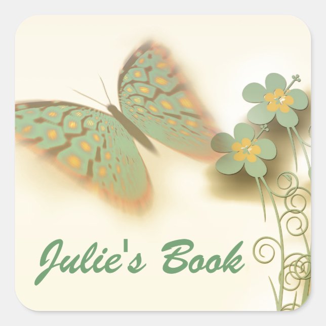 Pegatina Cuadrada Flores y mariposa flotantes (Anverso)