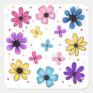 Pegatina Cuadrada Flores y mariposas de colores vivos
