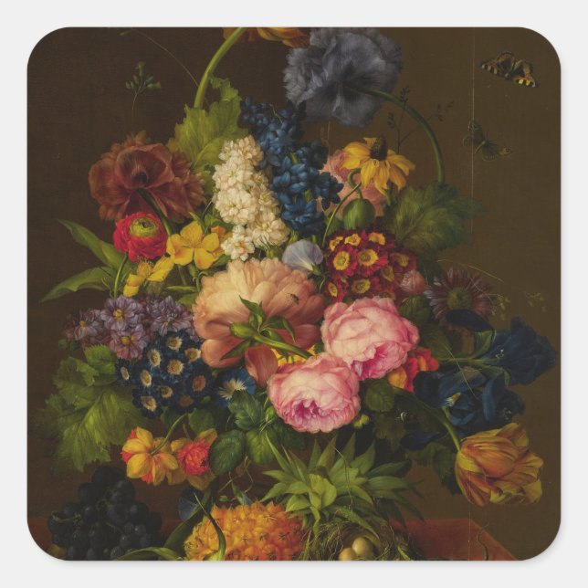 Pegatina Cuadrada Flores y piña en un entablamento (Anverso)