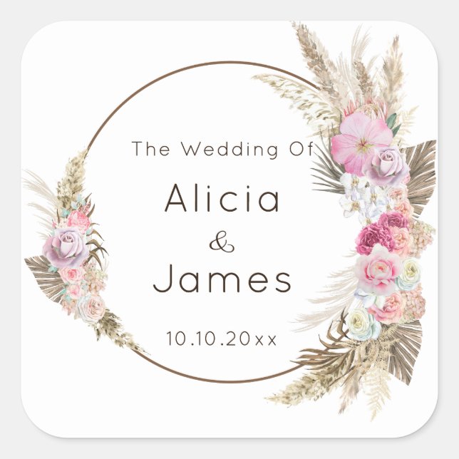 Pegatina Cuadrada Flores y plumas de acuarela boho (Anverso)