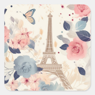 Pegatina Cuadrada Flores y Torre Eiffel Modelo de Viaje de París