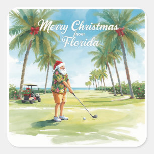 Pegatina Cuadrada Florida Golf Feliz Navidad con Santa Claus