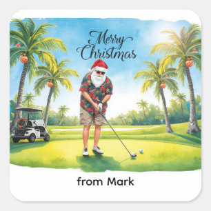 Pegatina Cuadrada Florida Golf Feliz Navidad con Santa Claus