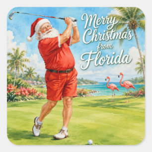 Pegatina Cuadrada Florida Golf Feliz Navidad con Santa Claus
