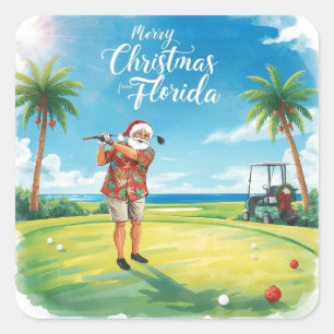 Pegatina Cuadrada Florida Golf Feliz Navidad con Santa Claus