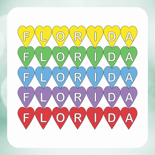 Pegatina Cuadrada Florida Rainbow Hearts (A sticker that says Florida in a rainbow heart pattern.)