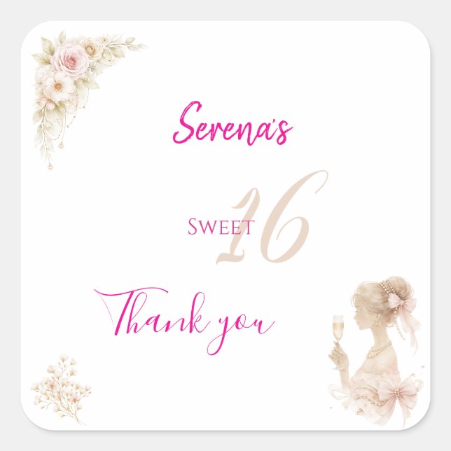 Pegatina Cuadrada Flower Dreamy Soft Sweet 16 Birthday Sticker (Anverso)