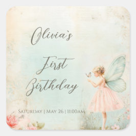 Pegatina Cuadrada Flower fairy chica Cumpleaños