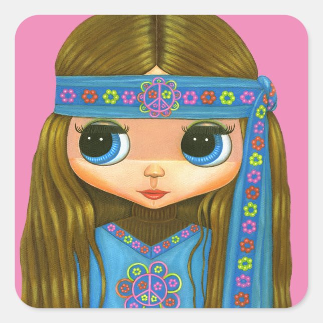 Pegatina Cuadrada Flower Power Hippie Chick Headband Big Eyes Cuidad (Anverso)
