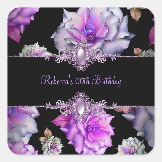 Pegatina Cuadrada Flowers Black Purple Floral Birthday Party (Anverso)