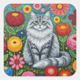 Pegatina Cuadrada Fluffy Gray Striped Cat with Folk Art Flowers