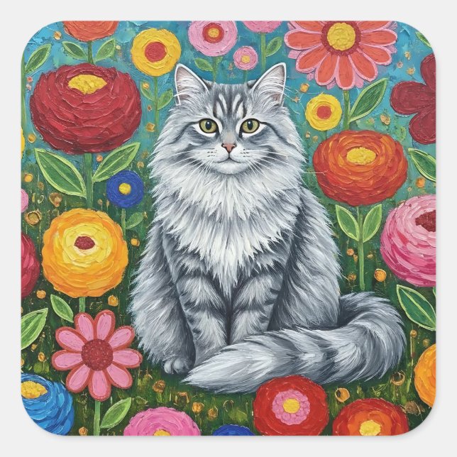 Pegatina Cuadrada Fluffy Gray Striped Cat with Folk Art Flowers (Anverso)