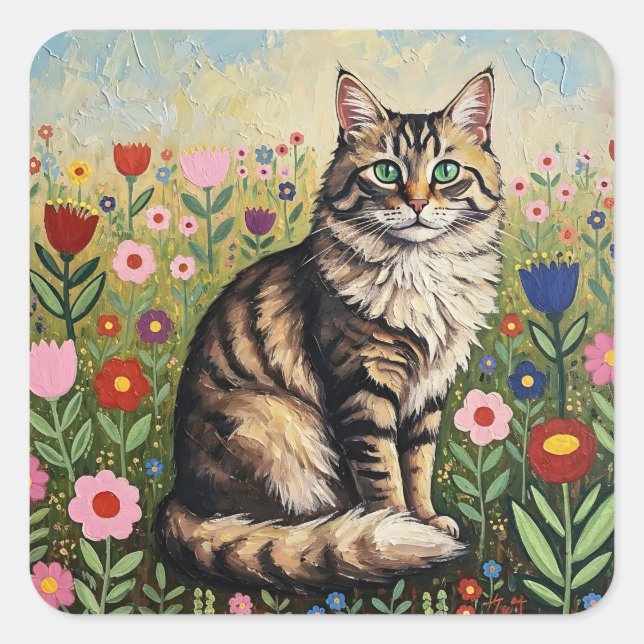 Pegatina Cuadrada Fluffy Gray Tabby Cat and Folk Art Flowers (Anverso)